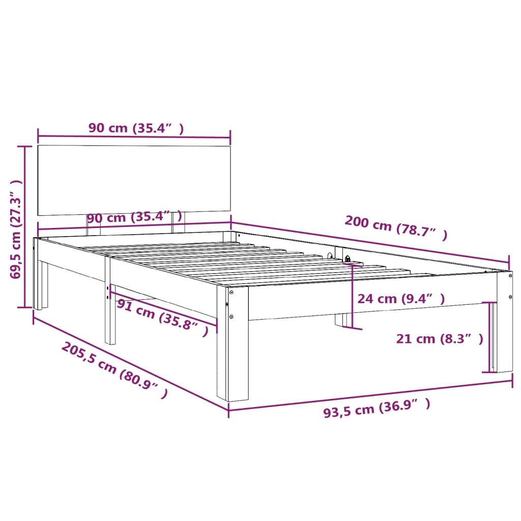 Letto singolo | Letto per adulti | Giroletto Grigio in Legno Massello di Pino 90x200 cm - Image 8