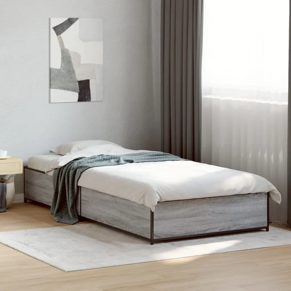 Letto singolo | Letto per adulti | Giroletto Grigio Sonoma 100x200 cm Legno Multistrato e Metallo - Image 2