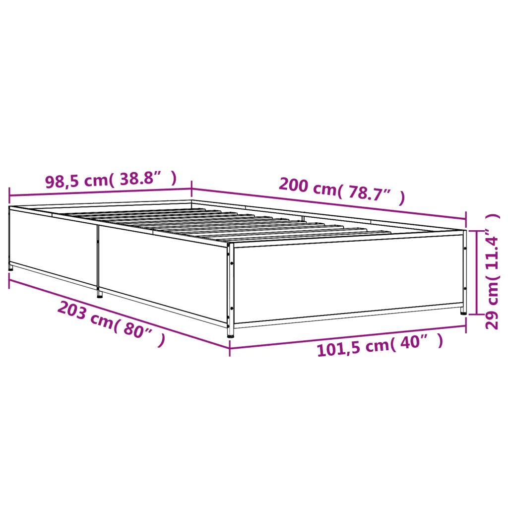 Letto singolo | Letto per adulti | Giroletto Grigio Sonoma 100x200 cm Legno Multistrato e Metallo - Image 9