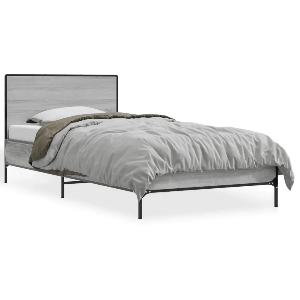 Letto singolo | Letto per adulti | Giroletto Grigio Sonoma 100x200 cm Legno Multistrato e Metallo