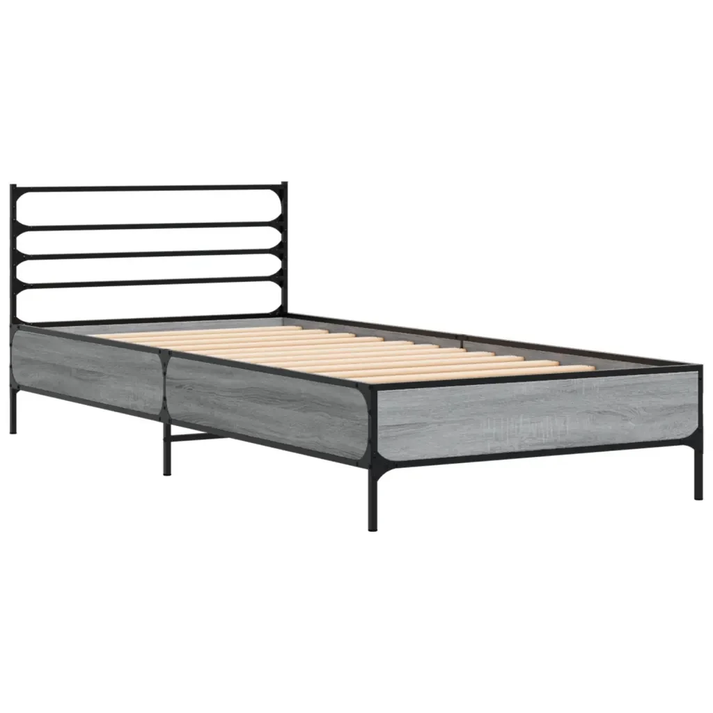 Letto singolo | Letto per adulti | Giroletto Grigio Sonoma 100x200 cm Legno Multistrato e Metallo - Image 3