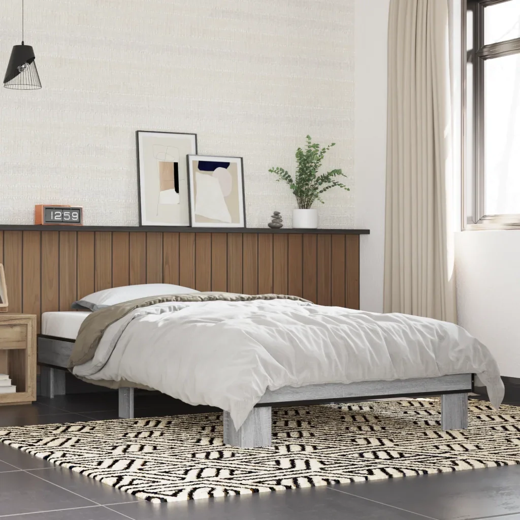 Letto singolo | Letto per adulti | Giroletto Grigio Sonoma 100x200 cm Legno Multistrato e Metallo - Image 2