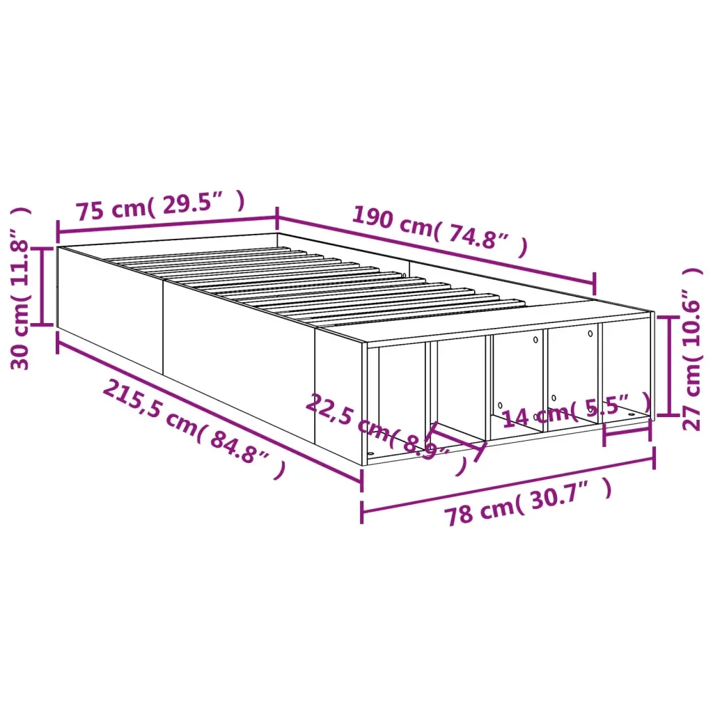Letto singolo | Letto per adulti | Giroletto Grigio Sonoma 75x190 cm in Legno Multistrato - Image 10