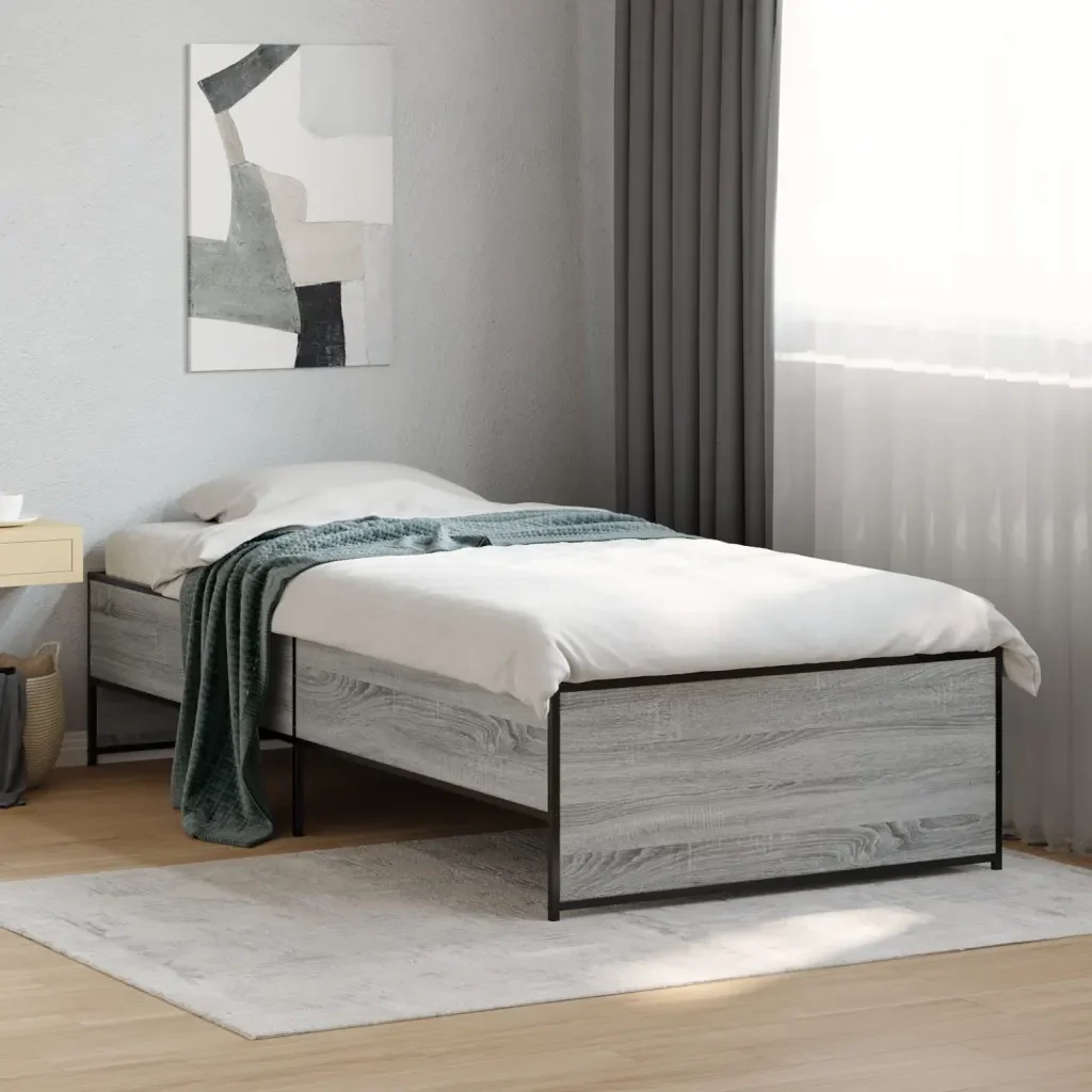 Letto singolo | Letto per adulti | Giroletto Grigio Sonoma 75x190cm in Legno Multistrato e Metallo - Image 2