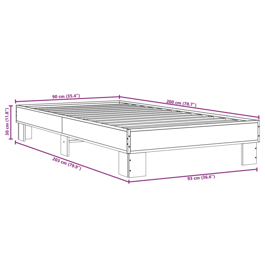 Letto singolo | Letto per adulti | Giroletto Grigio Sonoma 90x200 cm Legno Multistrato e Metallo - Image 9