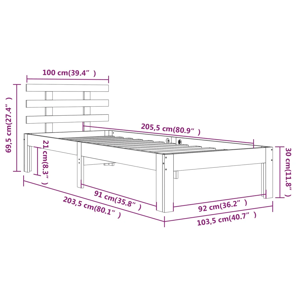 Letto singolo | Letto per adulti | Giroletto in Legno Massello 100x200 cm - Image 8