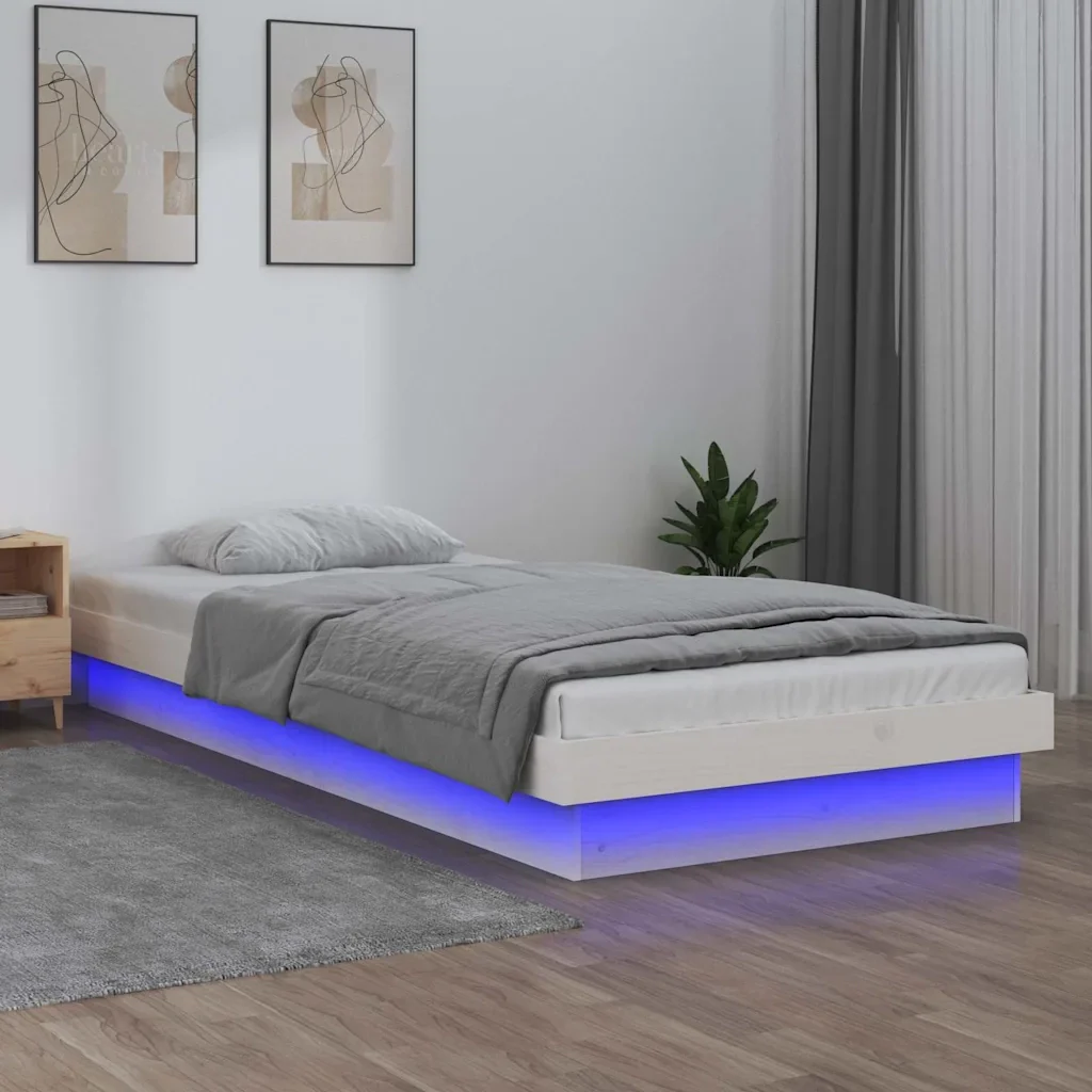 Letto singolo | Letto per adulti | Giroletto LED Bianco 75x190 cm Small Single Legno Massello - Image 2