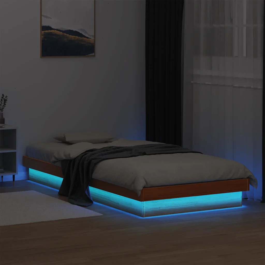 Letto singolo | Letto per adulti | Giroletto LED Marrone Cera 90x200 cm in Legno Massello di Pino - Image 2