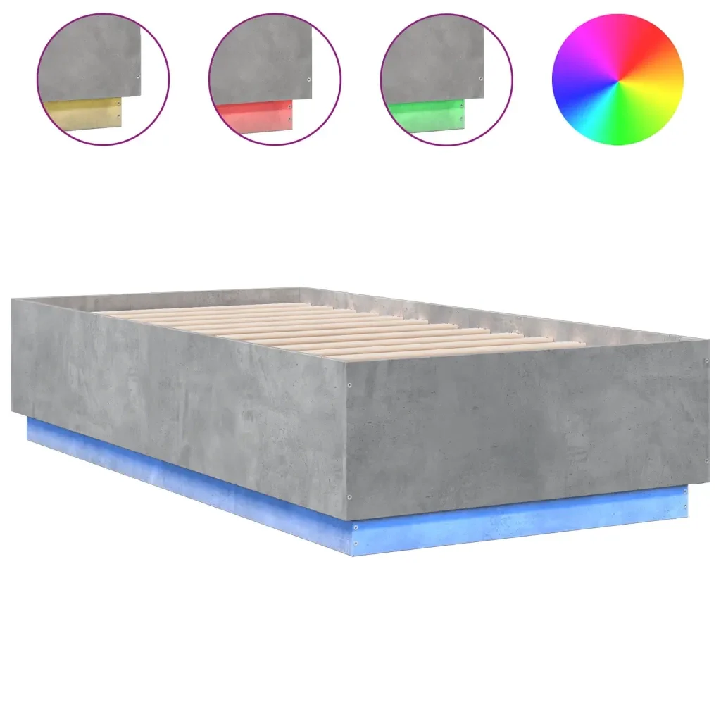 Letto singolo | Letto per adulti | Giroletto Luci LED Grigio Cemento 75x190cm in Legno Multistrato