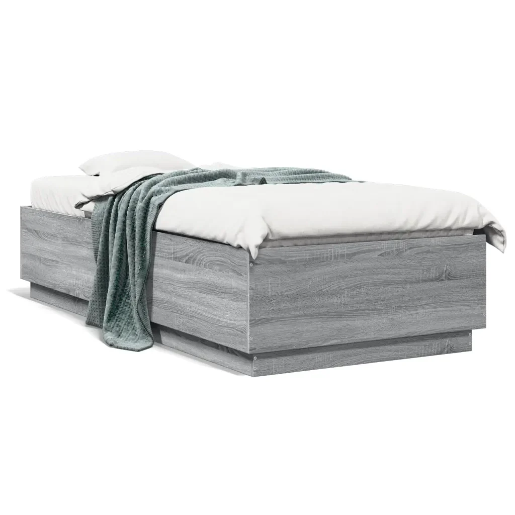 Letto singolo | Letto per adulti | Giroletto Luci LED Grigio Sonoma 100x200cm in Legno Multistrato - Image 5