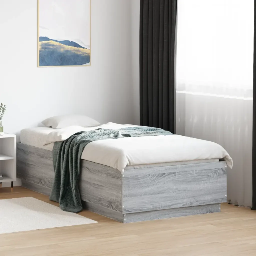 Letto singolo | Letto per adulti | Giroletto Luci LED Grigio Sonoma 75x190 cm in Legno Multistrato - Image 2