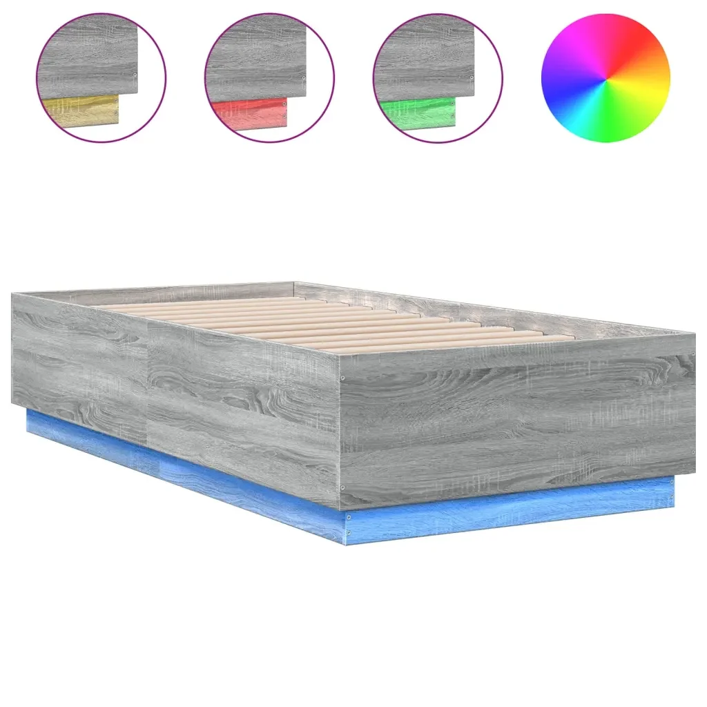 Letto singolo | Letto per adulti | Giroletto Luci LED Grigio Sonoma 90x190 cm in Legno Multistrato