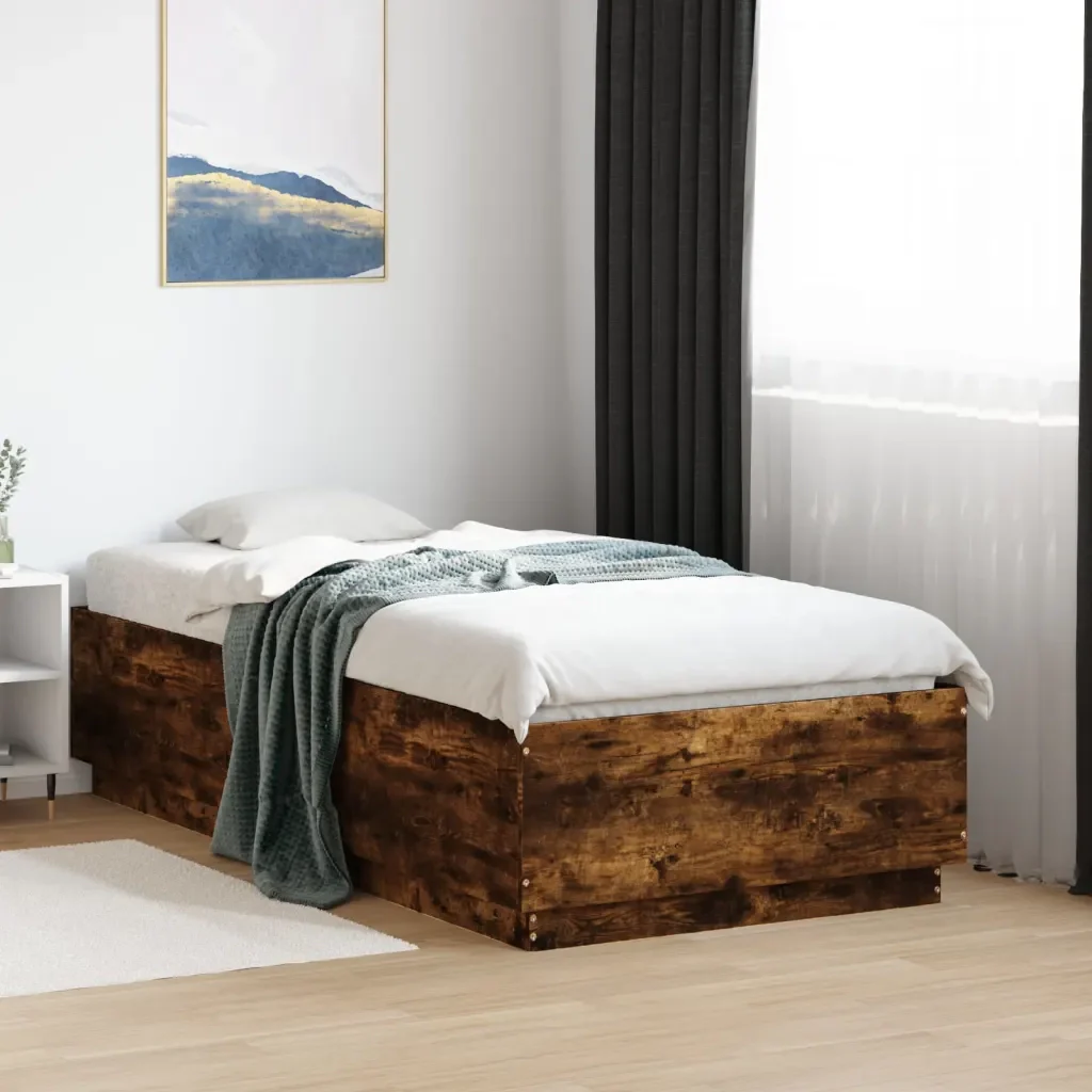 Letto singolo | Letto per adulti | Giroletto Luci LED Rovere Fumo 75x190 cm in Legno Multistrato - Image 2