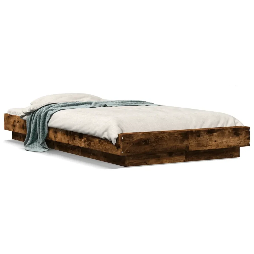 Letto singolo | Letto per adulti | Giroletto Luci LED Rovere Fumo 90x190 cm in Legno Multistrato