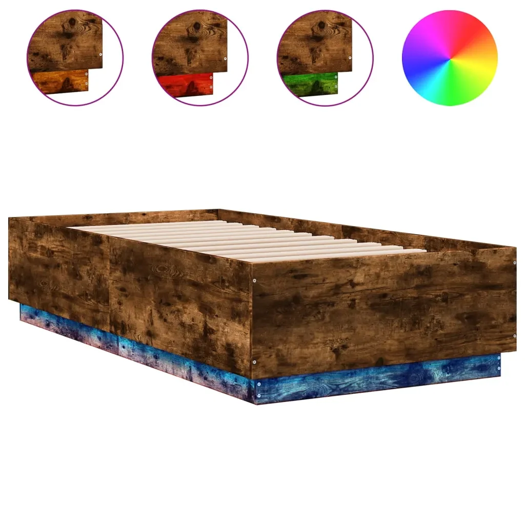 Letto singolo | Letto per adulti | Giroletto Luci LED Rovere Fumo 90x190 cm in Legno Multistrato