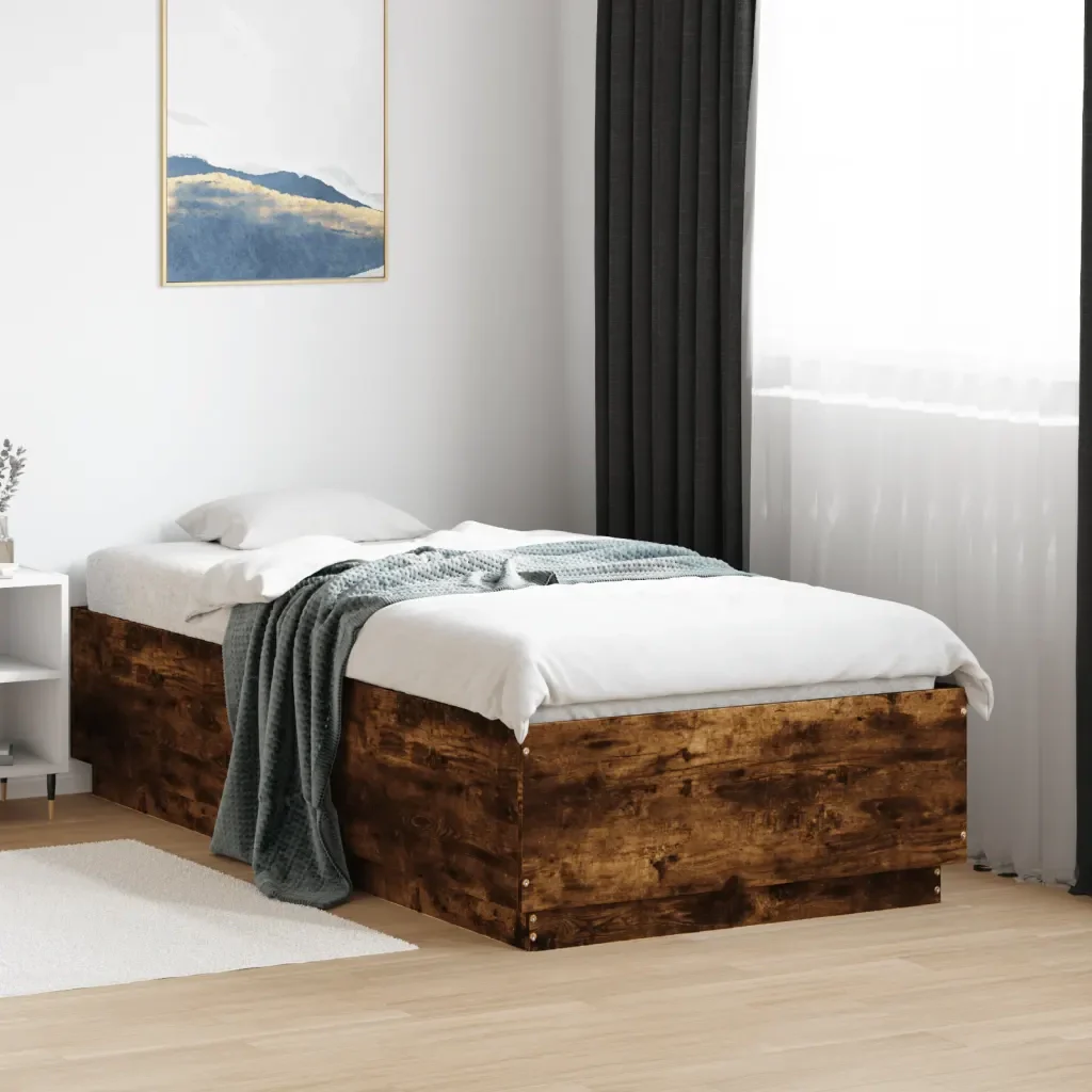 Letto singolo | Letto per adulti | Giroletto Luci LED Rovere Fumo 90x190 cm in Legno Multistrato - Image 2
