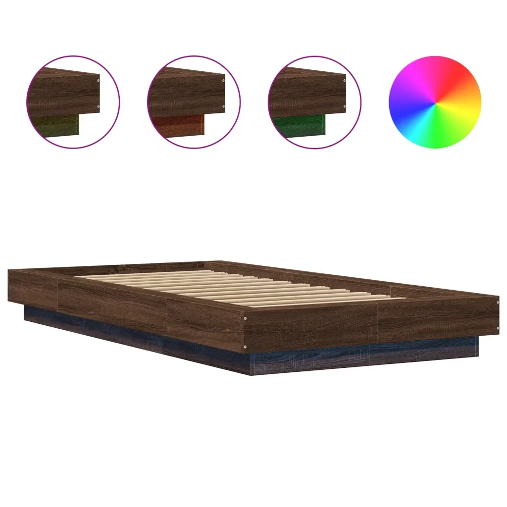 Letto singolo | Letto per adulti | Giroletto Luci LED Rovere Marrone 100x200 cm Legno Multistrato - Image 8