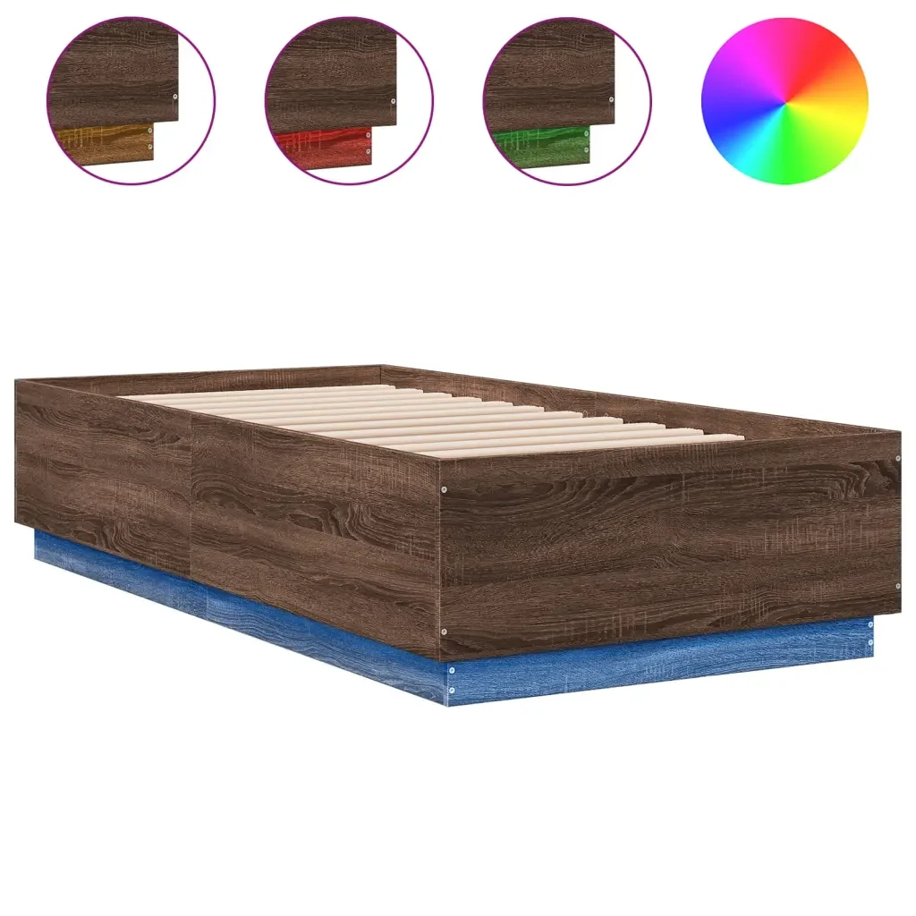 Letto singolo | Letto per adulti | Giroletto Luci LED Rovere Marrone 75x190cm in Legno Multistrato