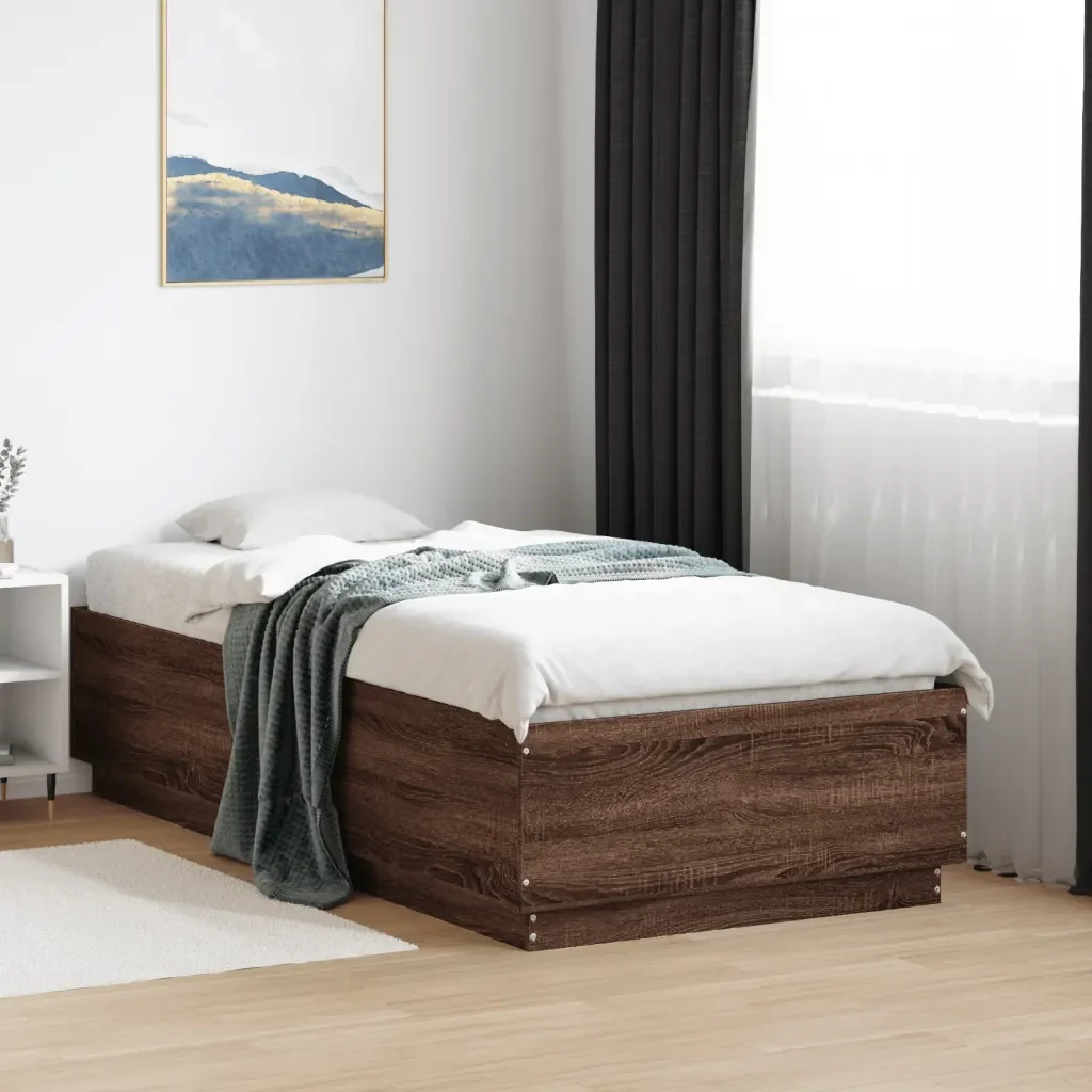 Letto singolo | Letto per adulti | Giroletto Luci LED Rovere Marrone 75x190cm in Legno Multistrato - Image 2