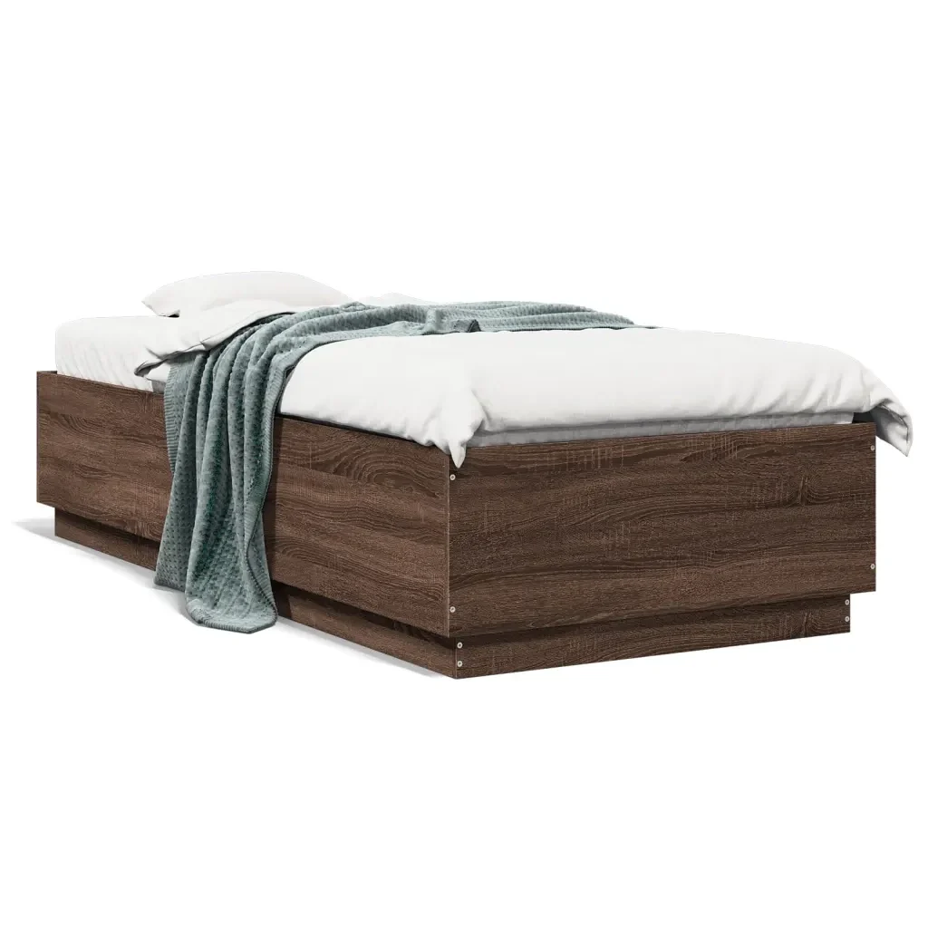 Letto singolo | Letto per adulti | Giroletto Luci LED Rovere Marrone 90x200cm in Legno Multistrato - Image 5