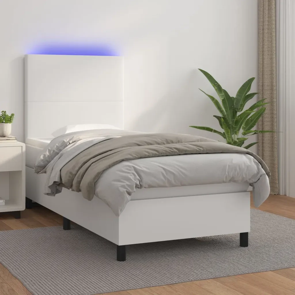 Letto singolo | Letto per adulti | Giroletto Molle con Materasso e LED Bianco 80x200 cm Similpelle - Image 2