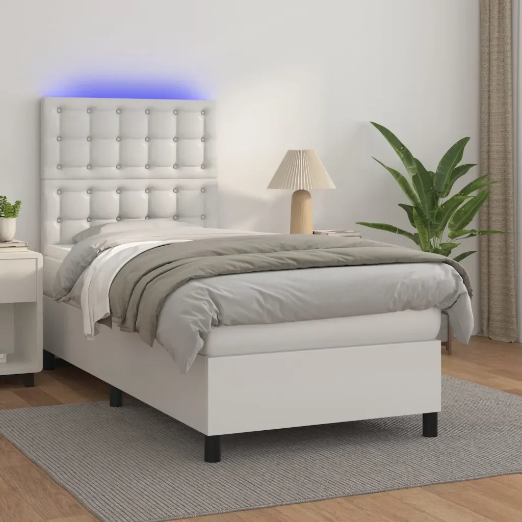 Letto singolo | Letto per adulti | Giroletto Molle con Materasso e LED Bianco 80x200 cm Similpelle - Image 2