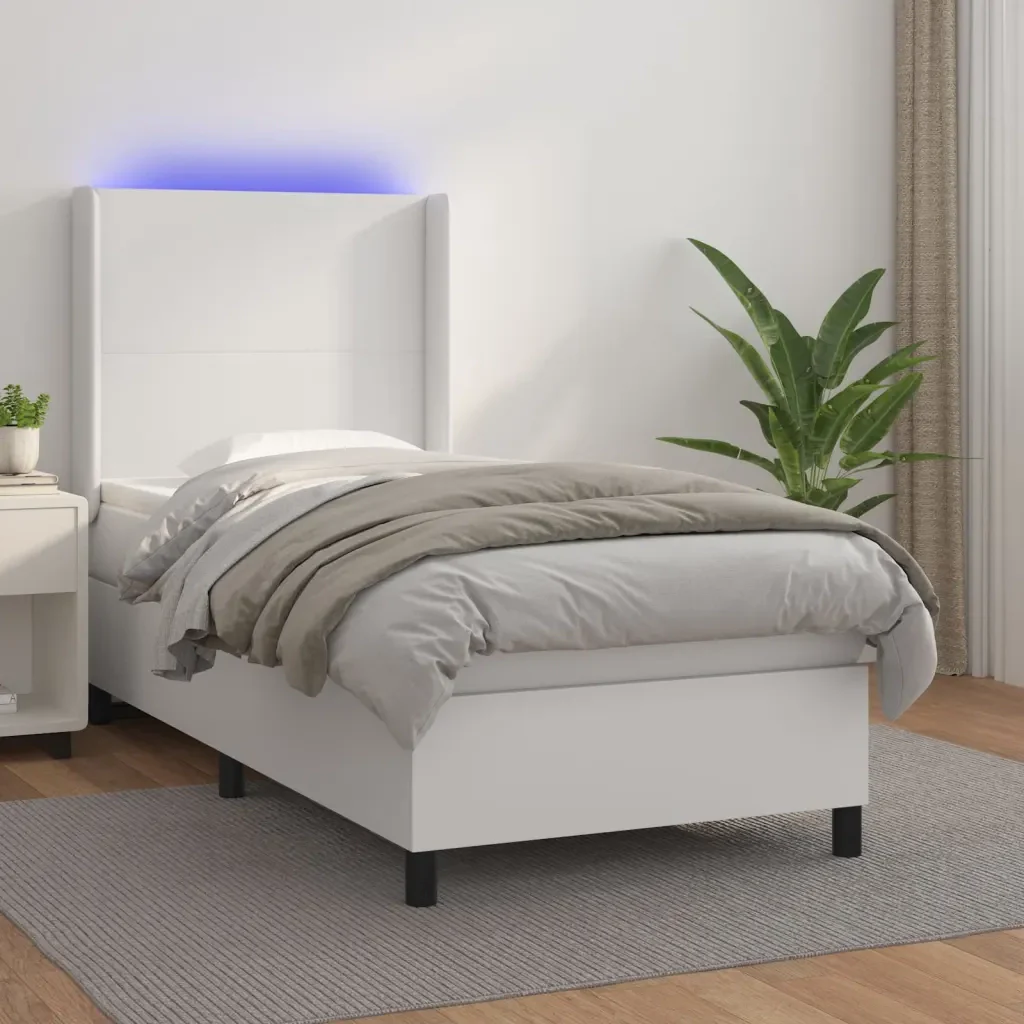 Letto singolo | Letto per adulti | Giroletto Molle con Materasso e LED Bianco 80x200 cm Similpelle - Image 2