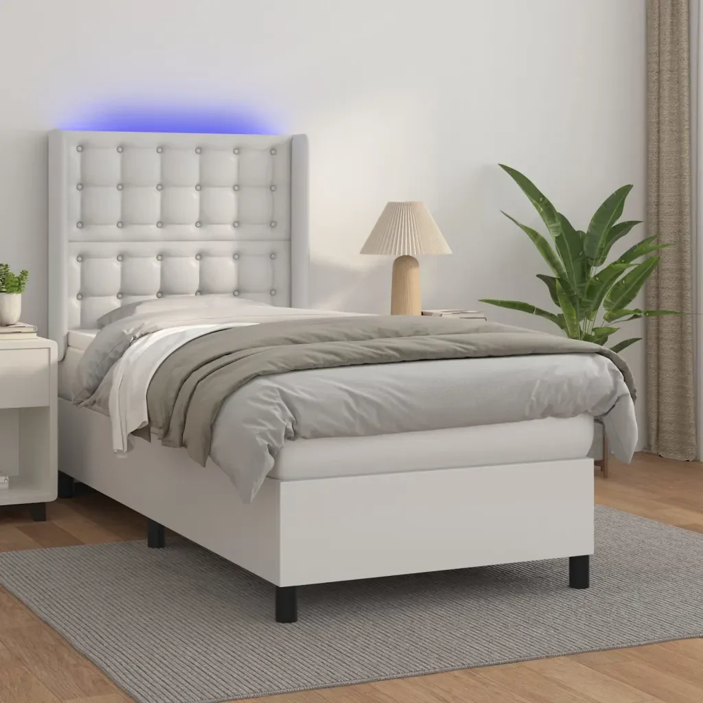 Letto singolo | Letto per adulti | Giroletto Molle con Materasso e LED Bianco 80x200 cm Similpelle - Image 2