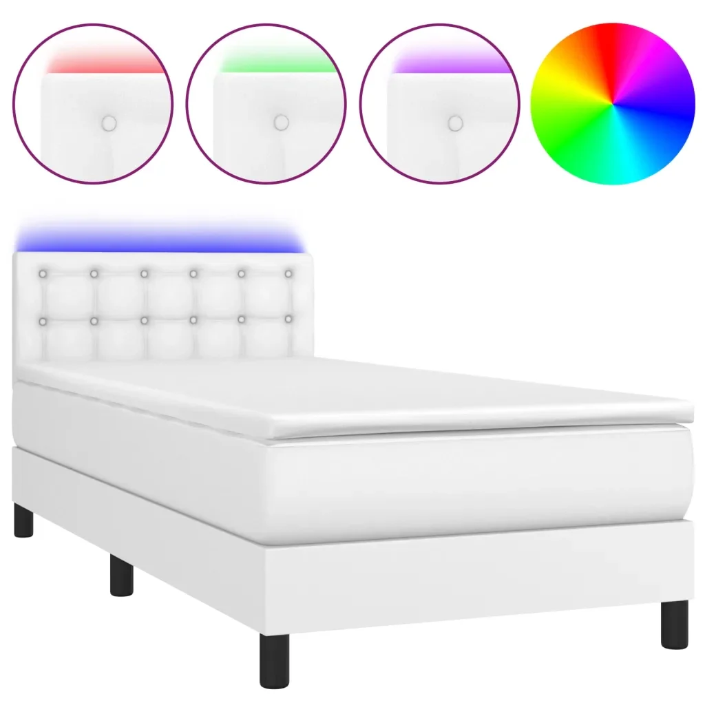 Letto singolo | Letto per adulti | Giroletto Molle con Materasso e LED Bianco 90x200 cm Similpelle