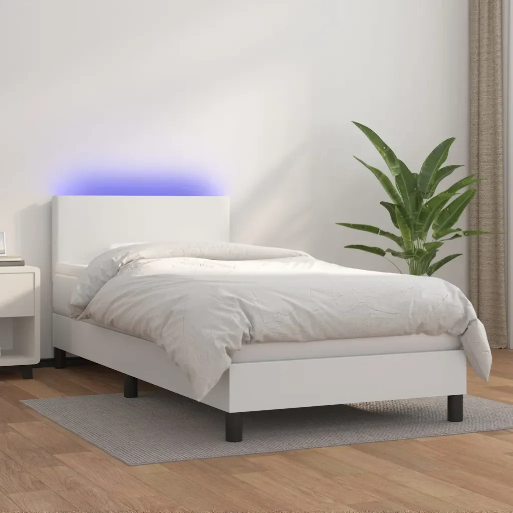 Letto singolo | Letto per adulti | Giroletto Molle con Materasso e LED Bianco 90x200 cm Similpelle - Image 2