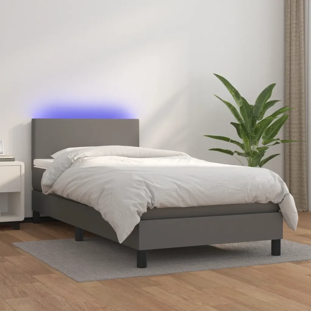 Letto singolo | Letto per adulti | Giroletto Molle con Materasso e LED Grigio 80x200cm Similpelle - Image 2