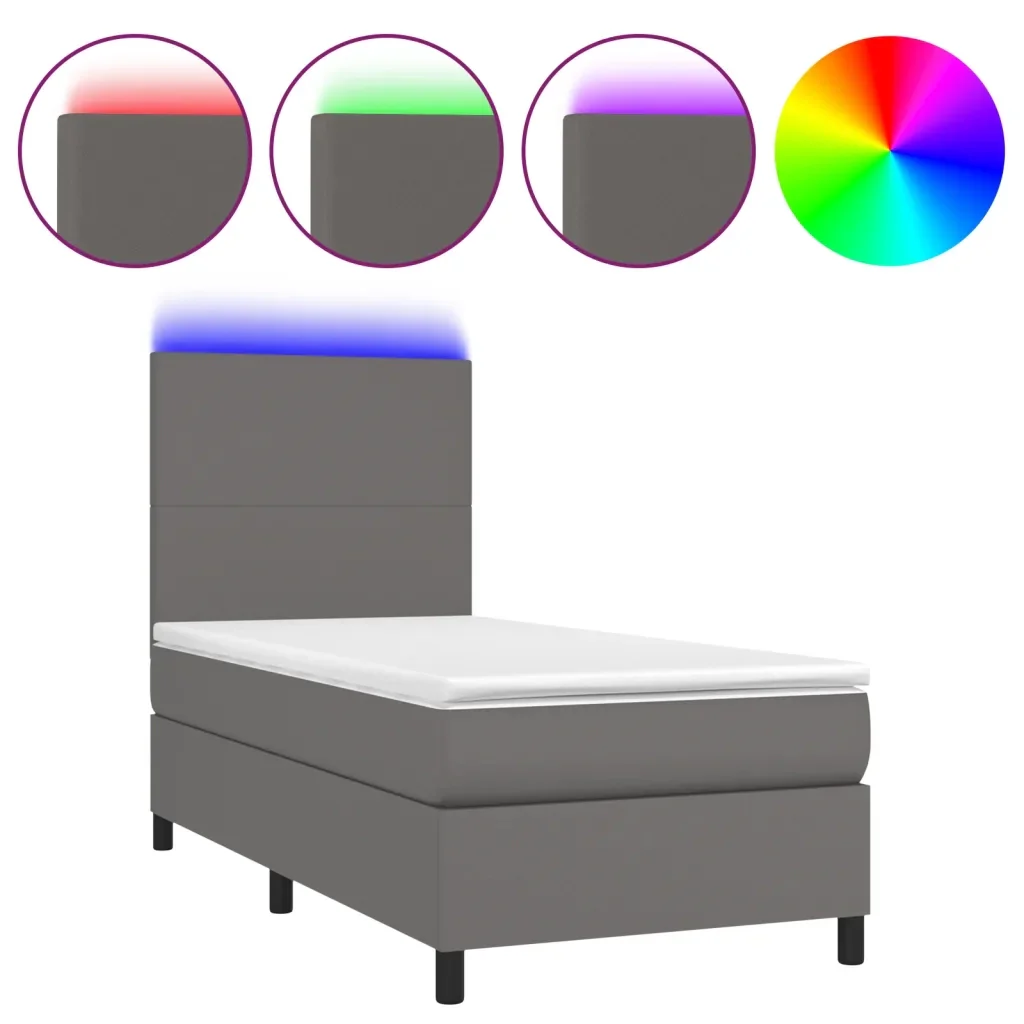 Letto singolo | Letto per adulti | Giroletto Molle con Materasso e LED Grigio 80x200cm Similpelle