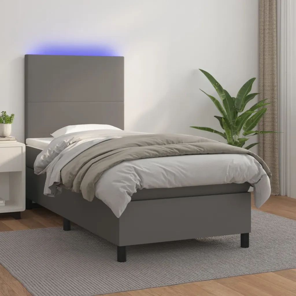 Letto singolo | Letto per adulti | Giroletto Molle con Materasso e LED Grigio 80x200cm Similpelle - Image 2