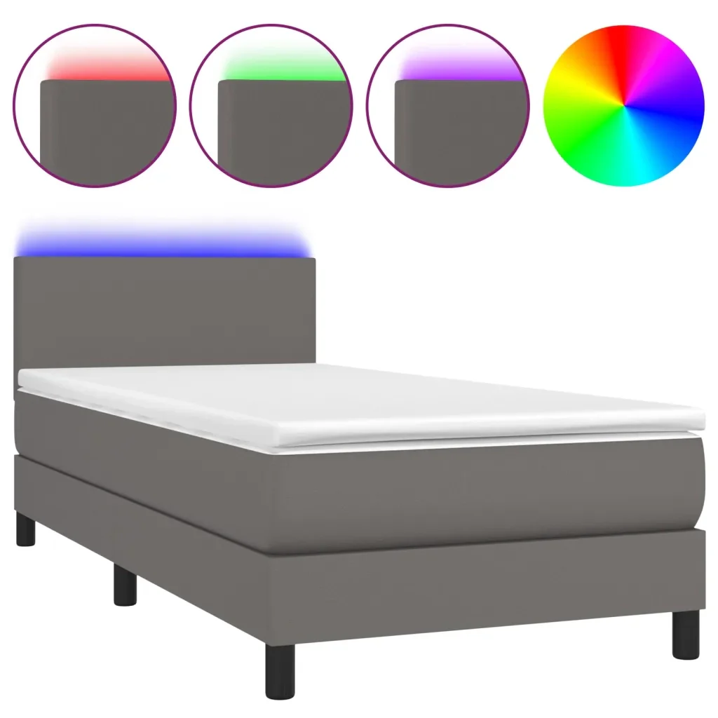 Letto singolo | Letto per adulti | Giroletto Molle con Materasso e LED Grigio 90x190cm Similpelle