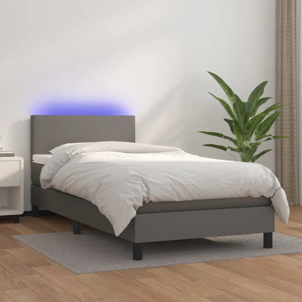 Letto singolo | Letto per adulti | Giroletto Molle con Materasso e LED Grigio 90x190cm Similpelle - Image 2