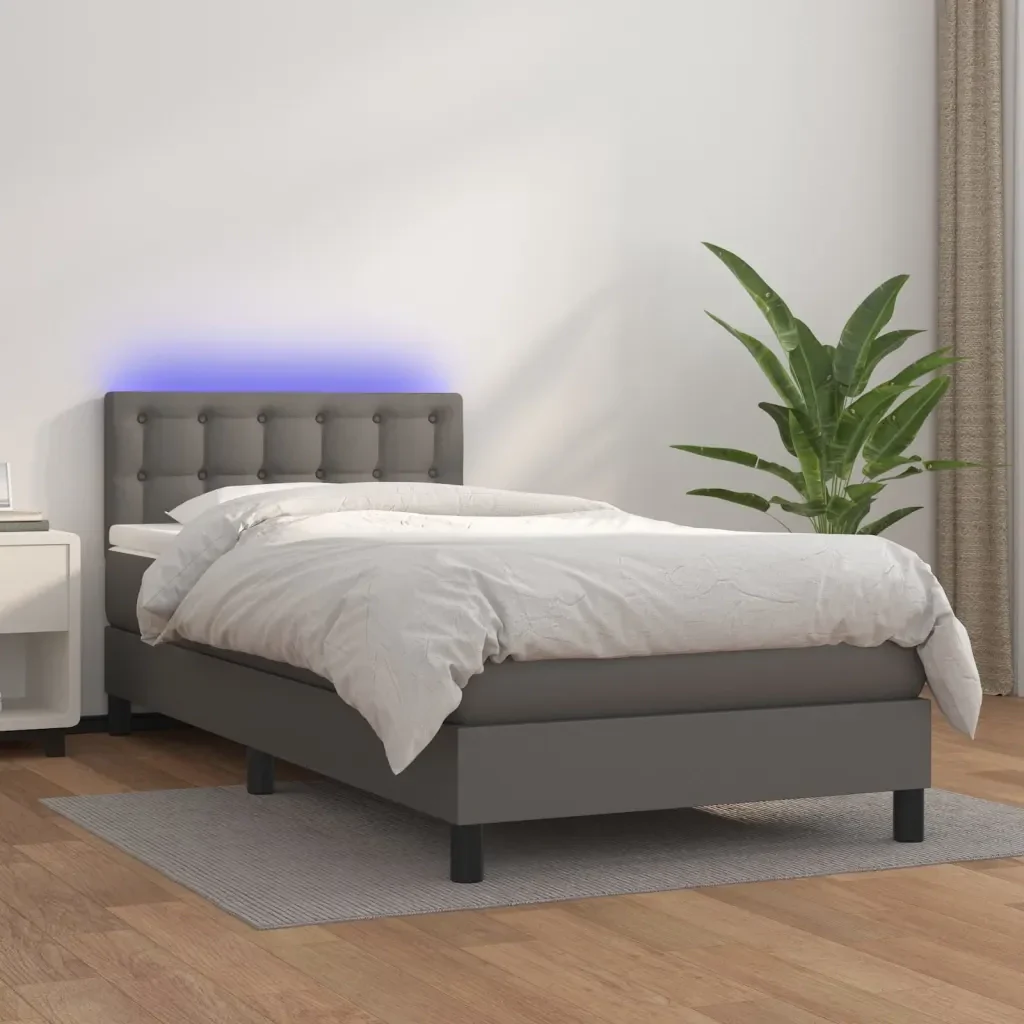 Letto singolo | Letto per adulti | Giroletto Molle con Materasso e LED Grigio 90x190cm Similpelle - Image 2