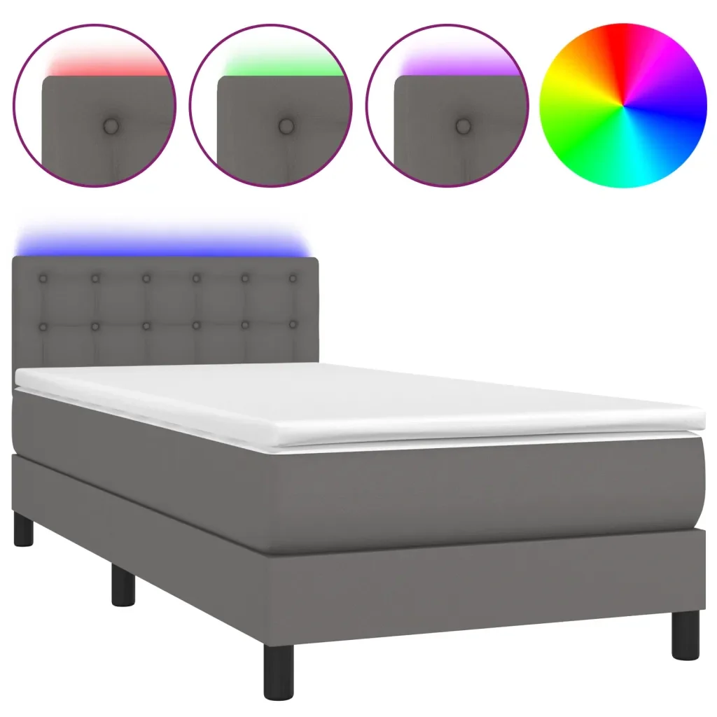 Letto singolo | Letto per adulti | Giroletto Molle con Materasso e LED Grigio 90x200cm Similpelle