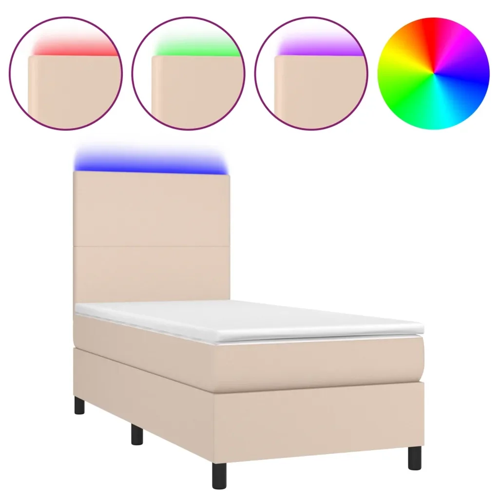 Letto singolo | Letto per adulti | Giroletto Molle Materasso e LED Cappuccino 90x190 cm Similpelle