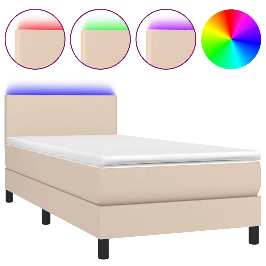 Letto singolo | Letto per adulti | Giroletto Molle Materasso e LED Cappuccino 90x200 cm Similpelle