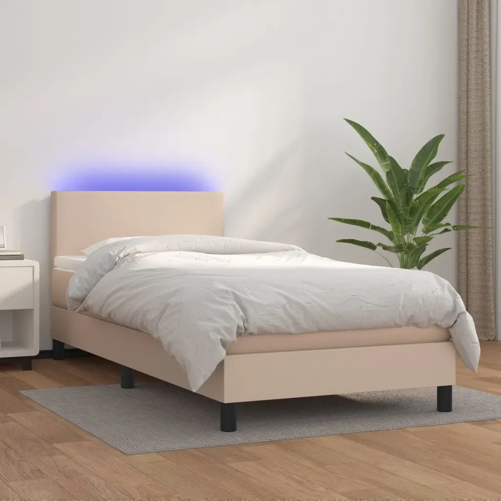 Letto singolo | Letto per adulti | Giroletto Molle Materasso e LED Cappuccino 90x200 cm Similpelle - Image 2