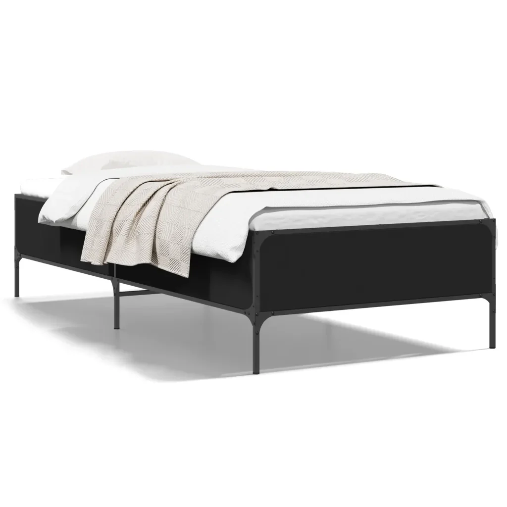 Letto singolo | Letto per adulti | Giroletto Nero 100x200 cm in Legno Multistrato e Metallo