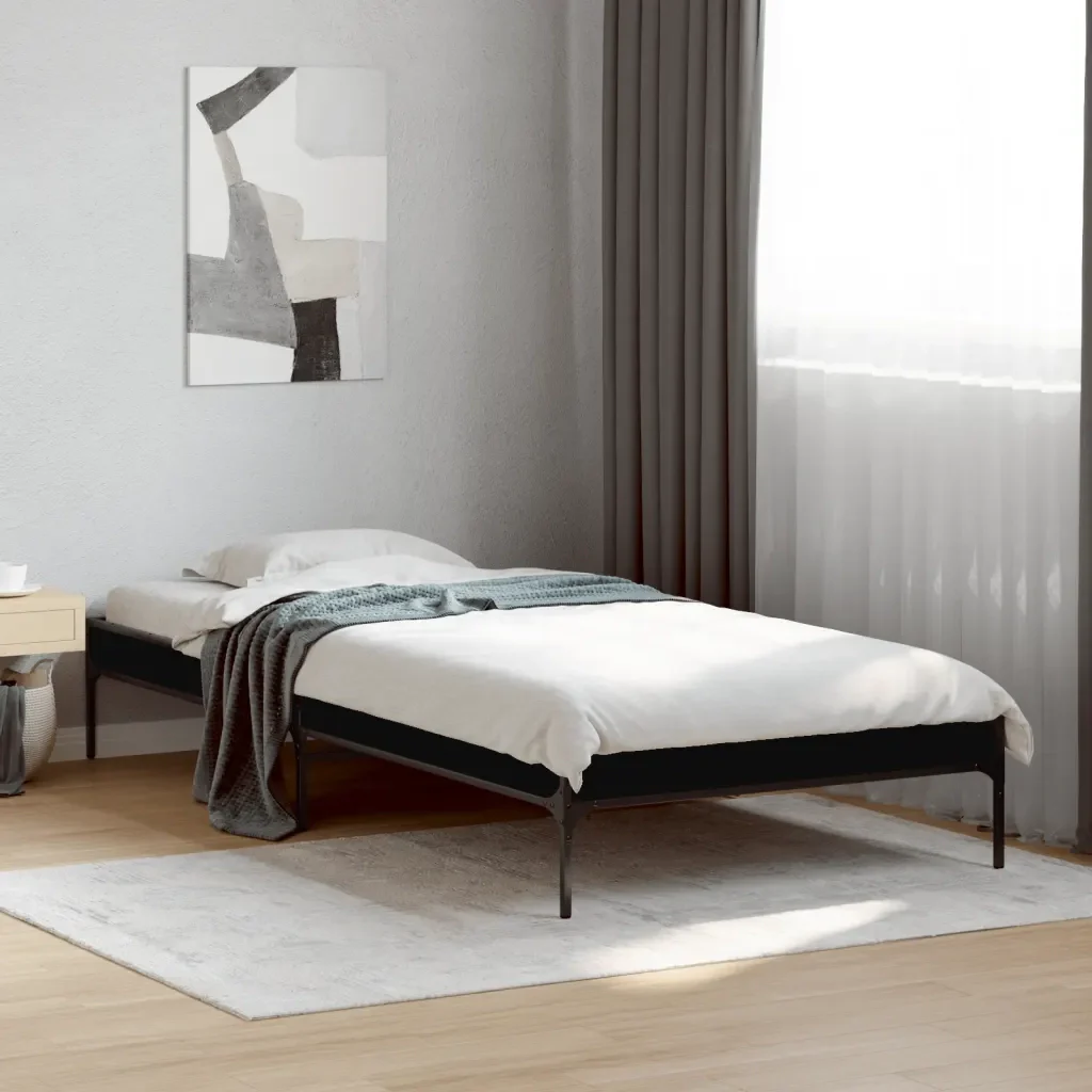 Letto singolo | Letto per adulti | Giroletto Nero 100x200 cm in Legno Multistrato e Metallo - Image 2
