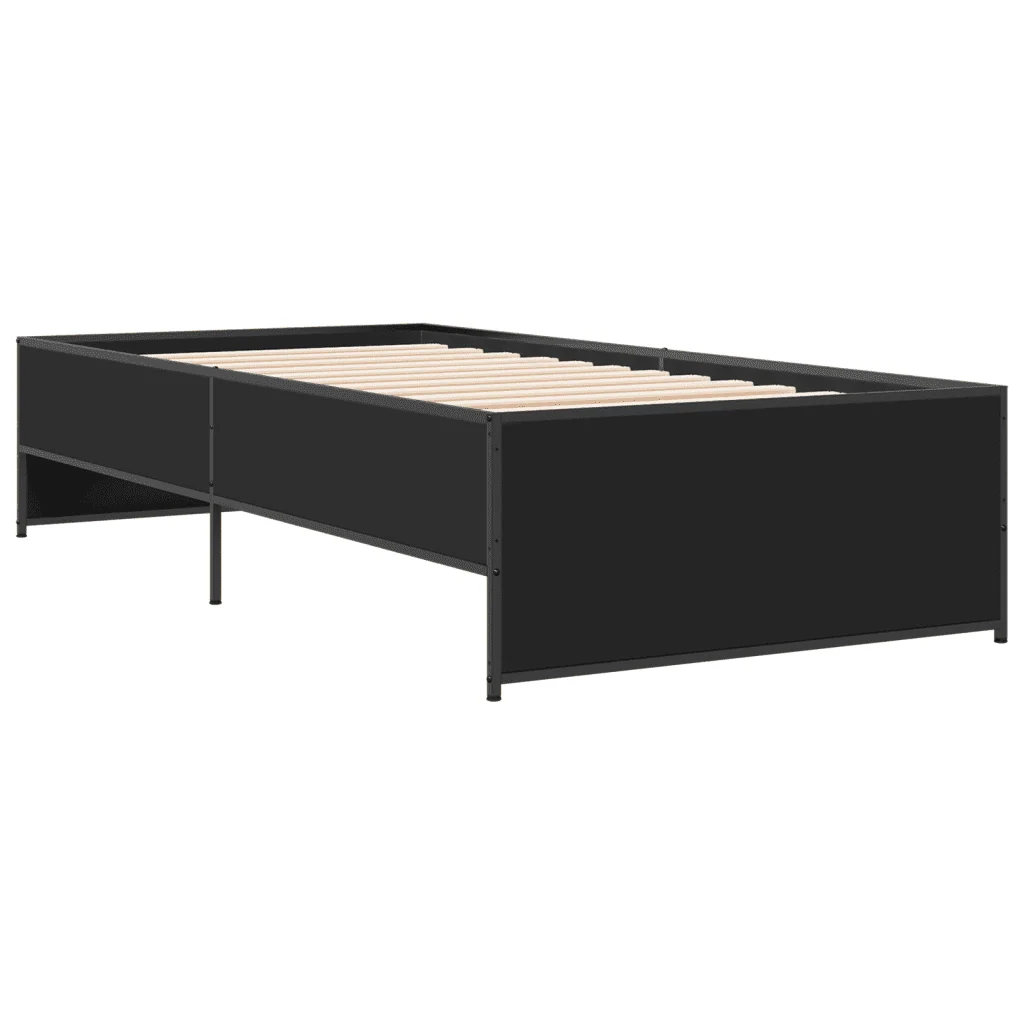 Letto singolo | Letto per adulti | Giroletto Nero 100x200 cm in Legno Multistrato e Metallo