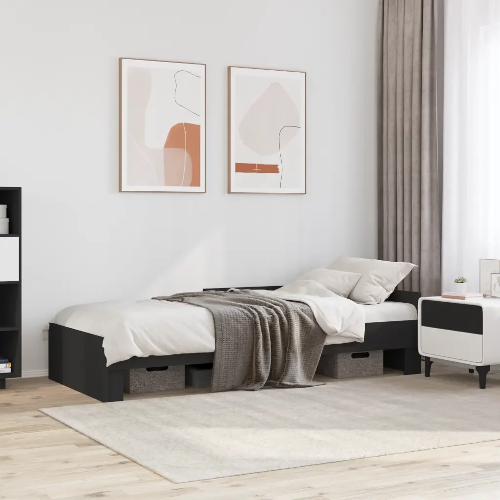 Letto singolo | Letto per adulti | Giroletto Nero 75x190 cm in Legno Multistrato - Image 2