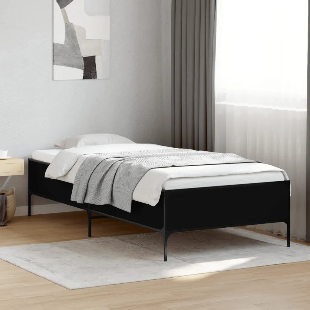 Letto singolo | Letto per adulti | Giroletto Nero 75x190 cm in Legno Multistrato e Metallo - Image 2
