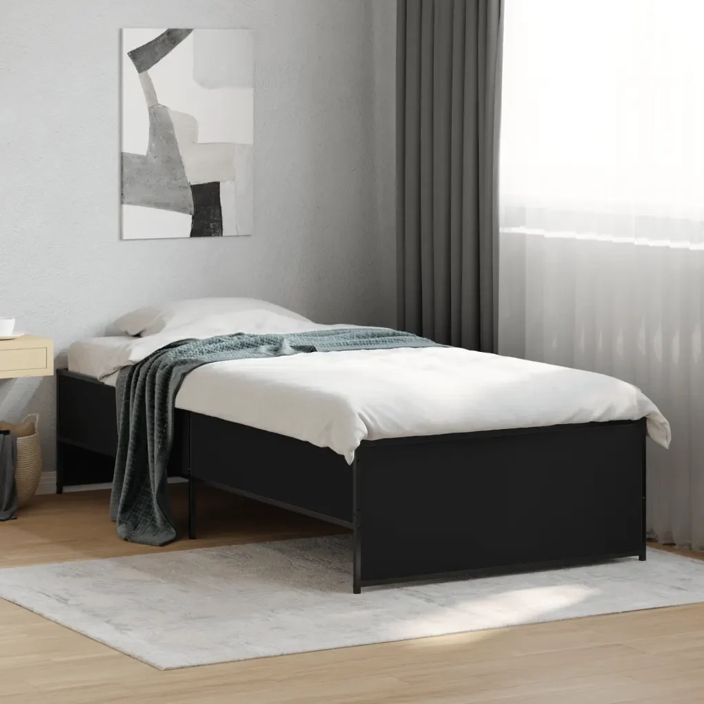 Letto singolo | Letto per adulti | Giroletto Nero 75x190 cm in Legno Multistrato e Metallo - Image 2