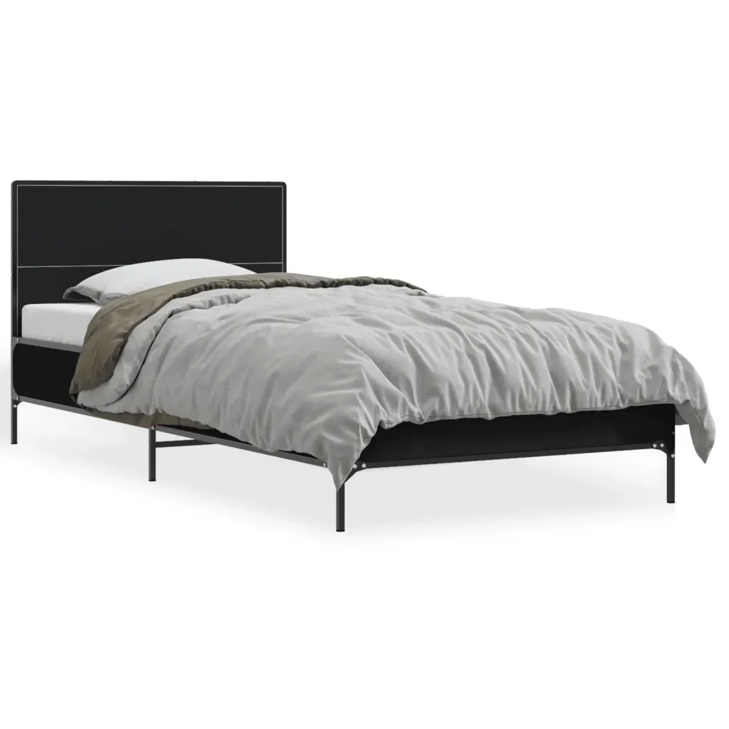 Letto singolo | Letto per adulti | Giroletto Nero 75x190 cm in Legno Multistrato e Metallo