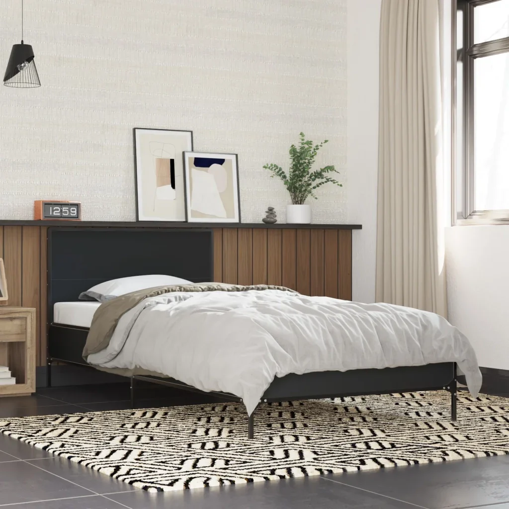 Letto singolo | Letto per adulti | Giroletto Nero 75x190 cm in Legno Multistrato e Metallo - Image 2