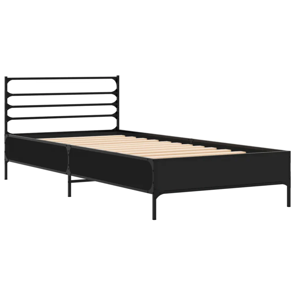 Letto singolo | Letto per adulti | Giroletto Nero 75x190 cm in Legno Multistrato e Metallo - Image 3