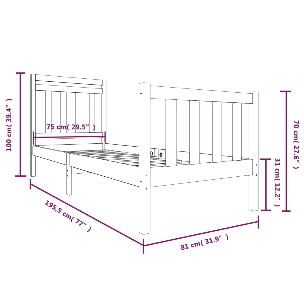 Letto singolo | Letto per adulti | Giroletto Nero 75x190 cm Small Single in Legno Massello - Image 9